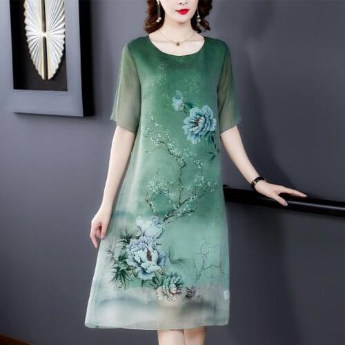 Green Floral Mulberry Silk Vintage Midi Sundress 2020 Summer Plus Size Dresses Elegant Female Bodycon Party Runway Dresses 4XL