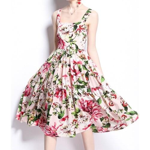 PERHAPS U Women Prairie Chic Sweet Flower Print Spaghetti Strap Dress Large Hem Mid-Waist Calf Pleated Dress Cake Dress D3033