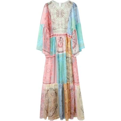 2021 Summer Hot Sale Long Dress High Quality Women Vintage National Style Print Flare Sleeve Casual Long Beach Maxi Dress Chic