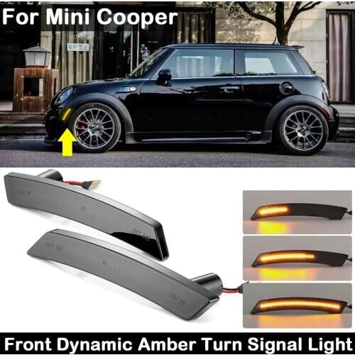 2Pcs For Mini Cooper R55 R56 R57 R58 R59 R60 R61 Smoked Lens Front Bumper LED Side Marker Lamp Dynamic Amber Turn Signal Light