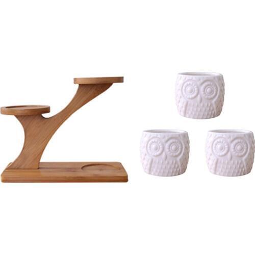 Owl Pattern 3pcs Ceramic Flower Pots Planters with Bamboo Shelf Rack Succulent Plant Flower Pot Holder Planter Home Decor