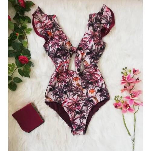 2021 new swimsuit double side lining with ruffle printing one piece swimsuit designer bathing suit