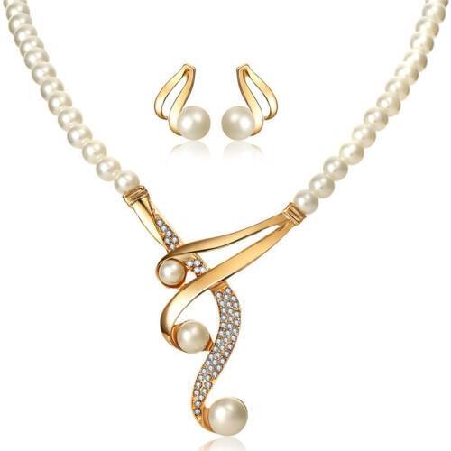 Elegant Simulated Pearl Bridal Jewelry Sets Wedding Jewelry Crystal Gold Necklaces Earrings Sets Valentines Day Gift