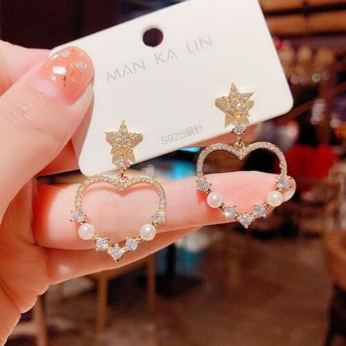 Exknl Long Love Dangle Simulated Pearl Earrings For Women Gold Color Jewelry Fashion Star Heart Flower Drop Earrings Accessory