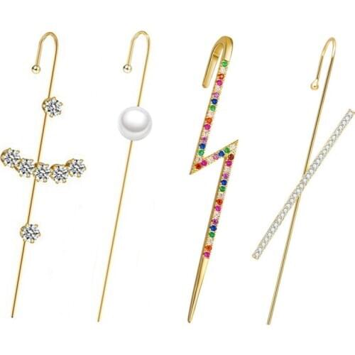 4/5/6PCS Vintage Cubic Zircon Ear Clip Ear Wrap Crawler Crystal Hook Earrings Set For Women Lightning Ear Cuff Climber Jewelry