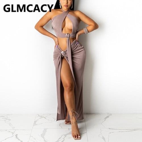 Two Piece Summer Chic Dress Suits Sexy Halter Backless Crop Top & Slit Maxi Skirt Set