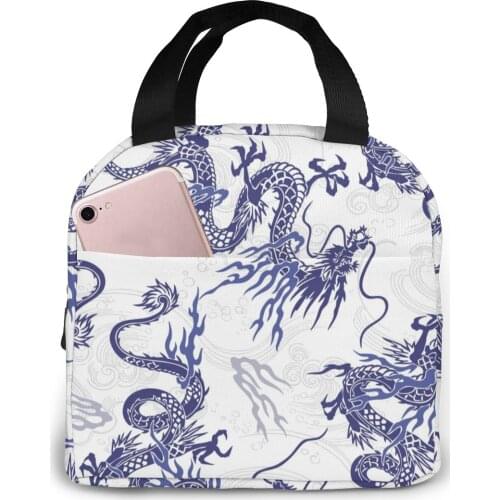 Japanese Dragon Pattern Lunch Food Box Bag Insulated Thermal Food Picnic Lunch Bag for Women kids Men Cooler Tote Bag