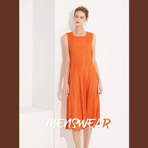 HOT SELLING Fashion Miyake fold solid dress sleeveless o-neck A-Line dress IN STOCK