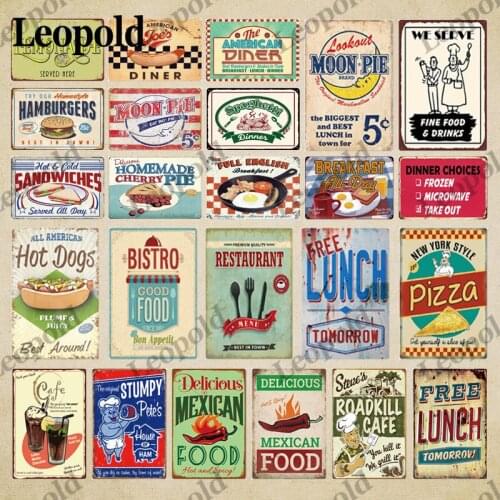 Retro Metal Plate Food Series Spray Paint Wall Hamburger Pizza Knife and Fork Drawing Kitchen Dessert Cake Shop Decoration