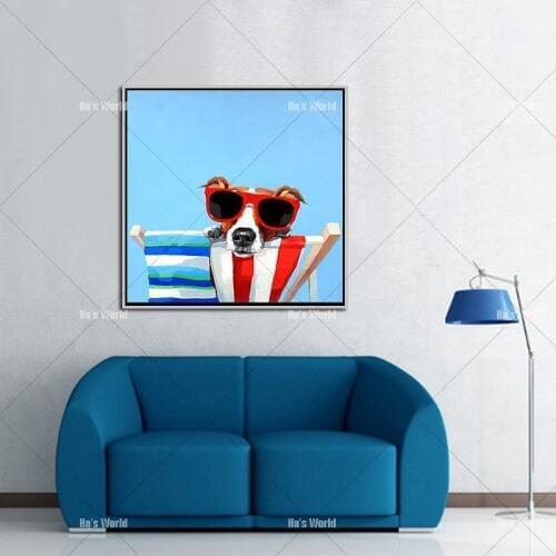 Lovely dog picture hand painted Ca rtoon Oil Painting on Canvas Abstract Animal Wall Art for Home Decor Happy dog with glasses