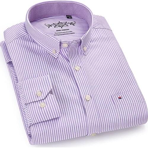 Mens Long-Sleeve Thick Gingham Striped Shirt Work Casual Regular-Fit Oxford Striped Plaid Checkered Shirts Single Patch Pocket