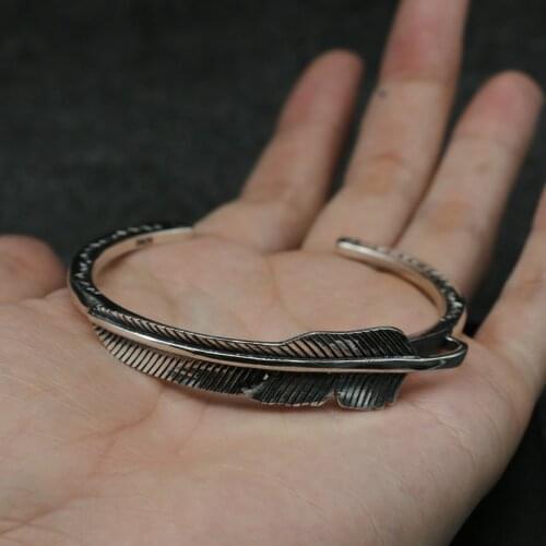 Wholesale S925 Sterling Silver Retro Thai Silver Small Leaf Takahashi Goro Handmade Feather Open Ended Men And Women Bangle