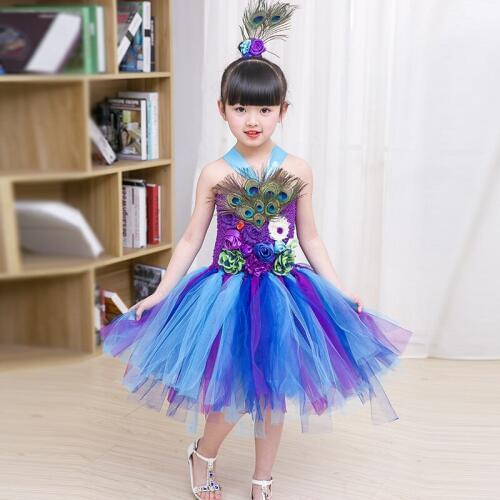 2017 new design Stunning Peacock Tutu Dress and Girls Peacock Feather Mesh Dress Halloween Photo Props Fancy Cosplay Clothing