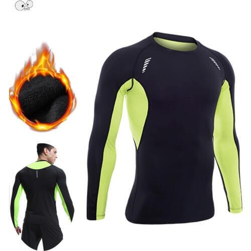 New Autumn Fleece Thermal Compression Shirt Quick Dry Patchwork Elastic Running Sportswear Long Sleeve Fitness Gym Sport Tops