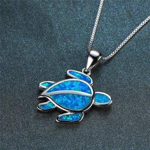Retro Silver Color Chain Necklace Dainty Animal Small Turtle Pendant Necklace Female White Blue Opal Wedding Necklaces For Women