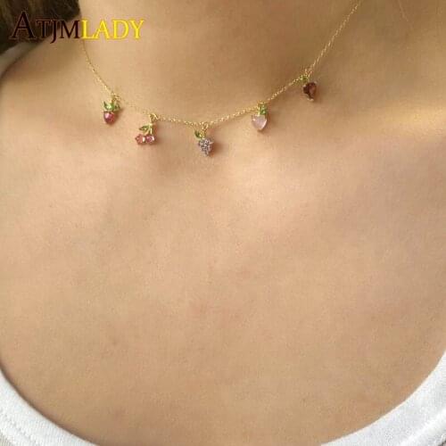 Sweet Women Fashion Fruits cherry apple strawberry grape peach charm Necklace Gold color Chain cute lovely colorful cz Jewelry