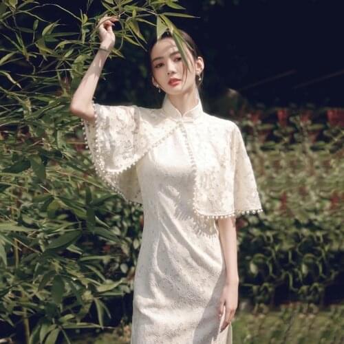 Cheongsam Dress Modern 2021 Chinese Retro Lace Qipao Dresses with Pearl Shawl Two-piece Eleglant Cheongsams Oriental Party Dress