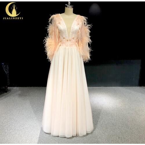 Rhine real Pictures Cape Sleeves V Neck with Feathers Nude Pink arabic formal dress evening dresses long 2020