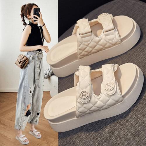 2021 Summer Black Leather Sandals For Women Three Buckle Platform Sandals Women Street Style Flats Roman Shoes Beach Slippers