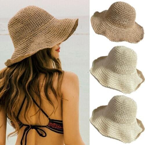 Ladies Beach Casual Straw Panama Wide Brim Caps Women Summer Boho Holiday Beach Cap Sun Hat Beige Khaki Two Colors