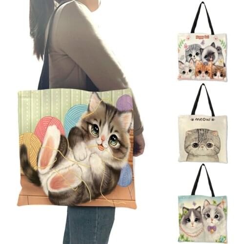 3D Printed Super Lovely Kitten Cat Printed Shoulder Bag for Girls Eco Linen Reusable Tote Bag Daily Casual School Book Handbag
