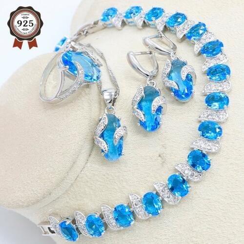 Blue Stone Wedding Silver Color Jewelry Set for Women with Bracelet Earring Necklace Pendant Ring Birthday Gift