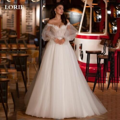 LORIE Boho Lace Wedding Dress Puff Sleeve Off The Shoulder Bride Dress A-Line Lace Up Back Wedding Gown