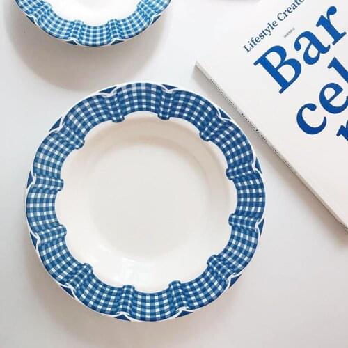 Retro Lace Blue Affordable Luxury Style Plate Ins Style Simple Ceramic Service Plate Deep Plate Breakfast Plate Dessert Plate