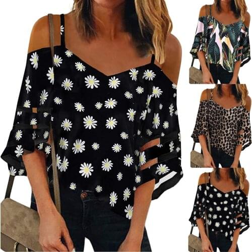 2021 Fashion V-neck Womens Shirt Floral Print 3/4 Bell Sleeve Blouse Casual Elegant Tunic Tops Women Clothing Chemise Femme Топ