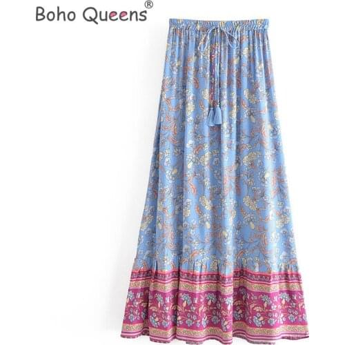Boho Queens Hippie women Bohemian animal floral print beach skirt High Elastic Waist Maxi Long A-Line Boho Skirt Femme
