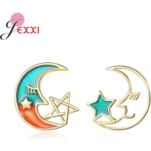 Simple Style Moon And Star Pattern Stud Earrings For Women Genuine 925 Sterling Silver Women Fashion Holiday Jewelry