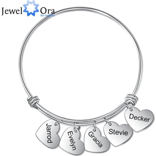 JewelOra Stainless Steel Personalized Heart Charm Bracelet with 2-5 Engraving for Women Customized Cuff Bangles Anniversary Gift