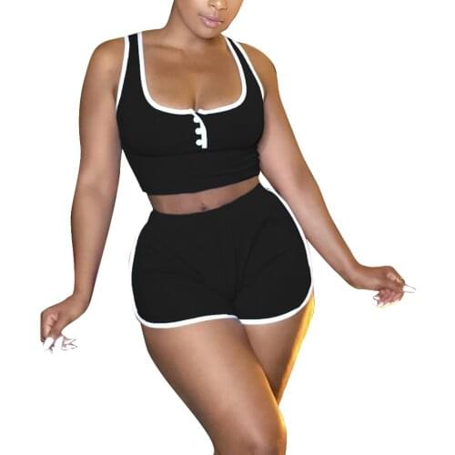 Summer Two Pieces Running Sets Womens Sportswear Sleeveless Vest Suit Solid Color U Neck Button Crop Tank Top+Shorts Female Set
