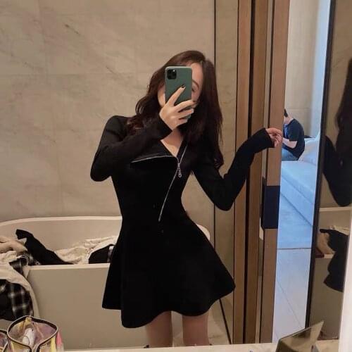Womens one-piece dress Korean Slim Solid Long Sleeve Paragraph Render Irregular Oblique Collar Waist Little Dresses Black 1501