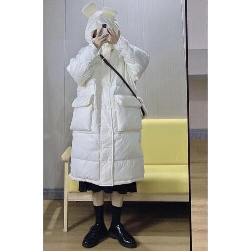 Women Solid Cute Hooded Winter Thick Warm Down Coats Female Pocket Japanese Cartoon Parkas Kawaii Harajuku Long Coats