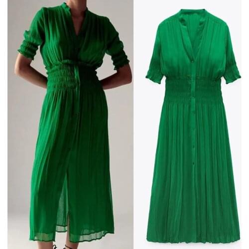 Sexy Deep V-neck Pleated Long Dress Woman Elastic Waist Ruched Short Sleeve Green Chiffon Dresses For Women 2021 Summer Vestido
