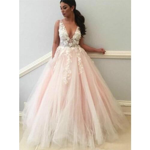 ANGELSBRIDEP V-Neck Pink Wedding Dresses Vestido De Noiva Fashion Applique Handlemake Flower Formal Evening Party Gowns Hot Sale