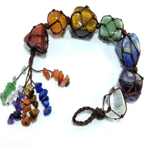 7 Chakra Irregular Healing Reik Tumbled Natural Quartz Stone Tassel Pendant for Spiritual Meditation Car Hanging Home Decoration