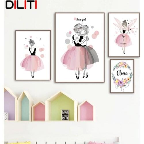 Watercolor Pink Fairy Kawaii Girl Canvas Painting Customized Name Print Poster for Kids Room Wall Art Picture Home Decor