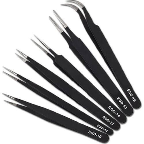 6Pcs Safe Anti-static Tweezers Tool ESD 10-15 Stainless Steel Soldering Tweezers Tools Set for Soldering Station with Bag