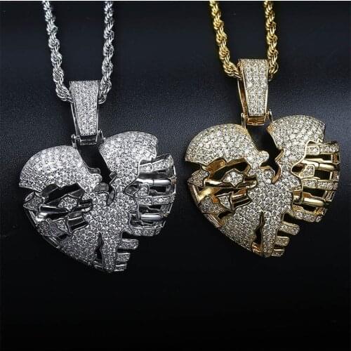 Gold Silver Color Broken Skeleton Heart Pendant Necklace With Tennis Chain AAA Cubic Zirconia Mens Hip hop Rock Jewelry Gift