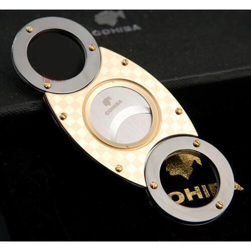 COHIBA Gadgets Double Blades Stainless Steel Gold Tone Cigar Cutter Knife Pocket Gadget Zigarre Cuban Smoking Accessories 356HG