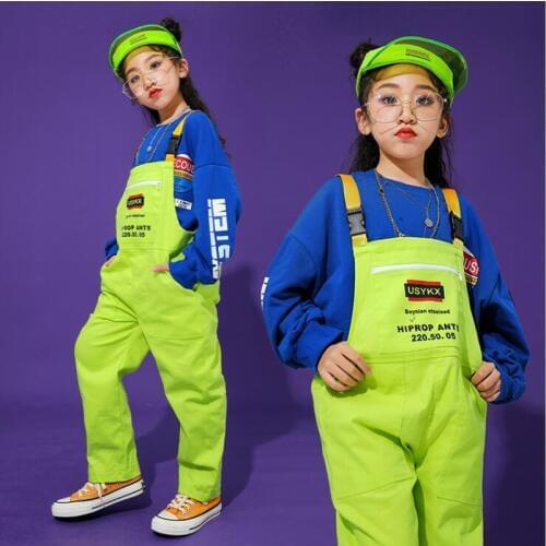 Kid Hip Hop Clothing Blue Sweatshirt Tops Loose Bib Pants for Girls Boys Jazz Dance Costumes Ballroom Dancing Clothes Wear