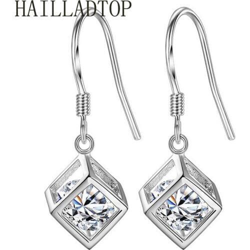 HAILLADTOP Cubic Zirconia Silver Drop Earrings Cube Love Window Boxes Ear Hook Girls Ladies Silver Earings Fashion Jewelry Gift