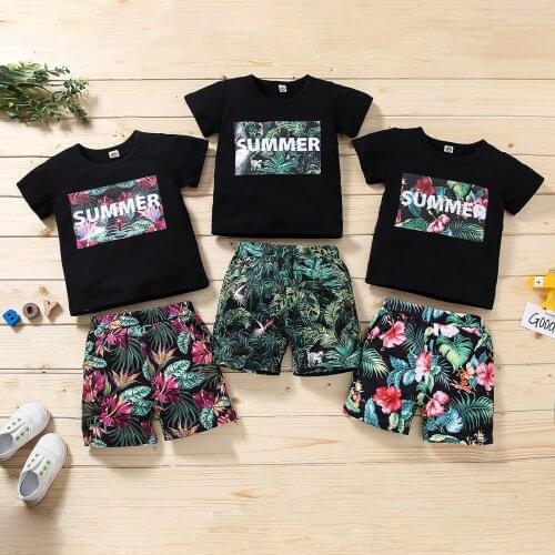 FOCUSNORM Summer Kids Boys Clothes Sets Letter Floral Print Short Sleeve T Shirts Tops Shorts 2pcs