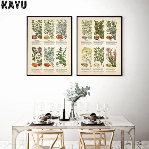 Kitchen Art Decoration Botanical Chart Wall Art Canvas Poster Prints Herbs and Spices Painting Picture Herbarium Home Wall Decor