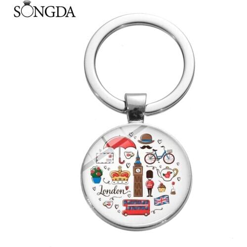 London England Souvenir Keychain Hippie Classic Red Double-decker Bus Big Ben Printed Glass Cabochon Pendant Keyring Gift