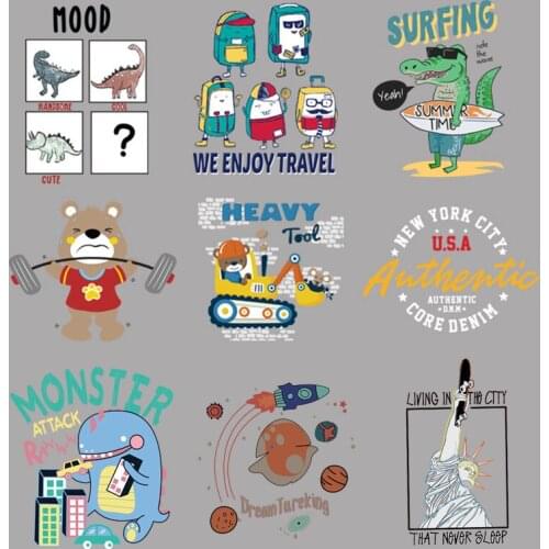 Cartoon animal dinosaur panda digging machine space heat transfer stickers bucket iron DIY accessories on baby clothes