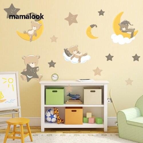 Cute Cartoon Stuffed Animals Kids Room Wall Stickers PVC Moon Stars Decorative Wall Stickers Nursery Baby Kids Decoration