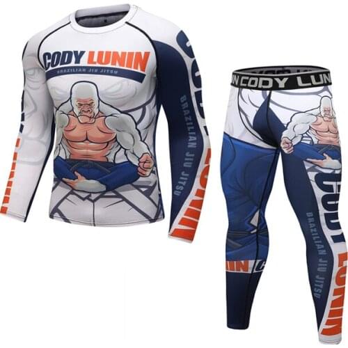 Mens MMA Sport Sets Compression Gym T Shirts+Pants Kickboxing Quick Dry Tights Suits Workout Jogging Sding Punisher Running Set